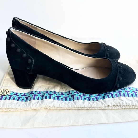Tory Burch black suede leather stud Colt low block heels pumps 7 chunky slip-on - Picture 5 of 16
